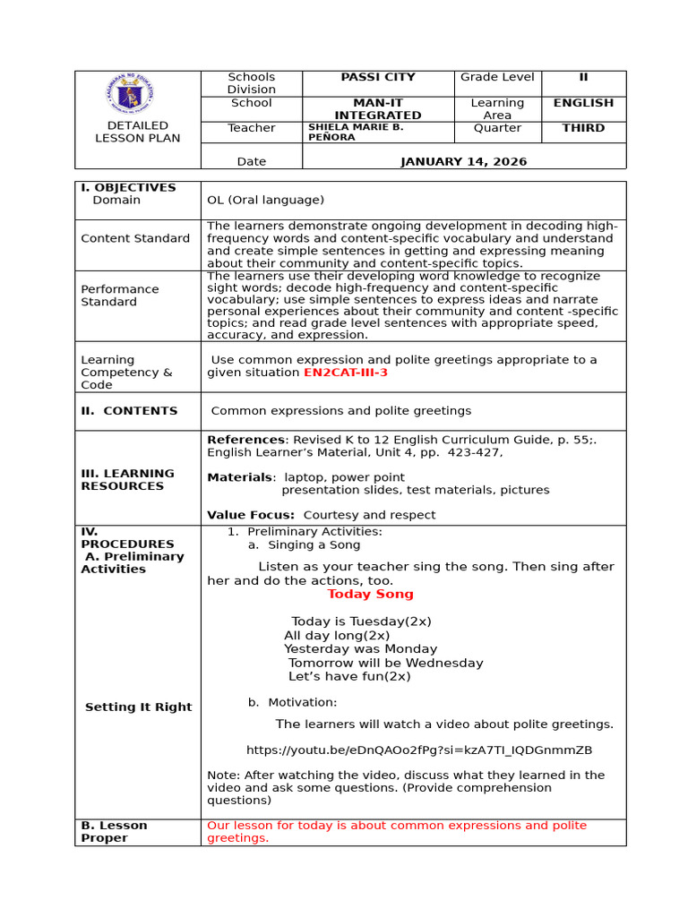 Lesson Plan in English 2 | PDF | Learning | Vocabulary