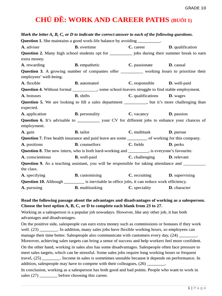 Topic - Work and Career Paths - g10 - Hs | PDF | Sales | Working Time