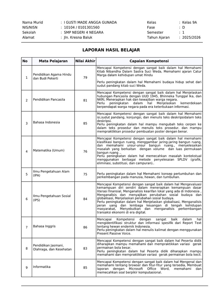 Rapor - I Gusti Made Angga Gunada | PDF