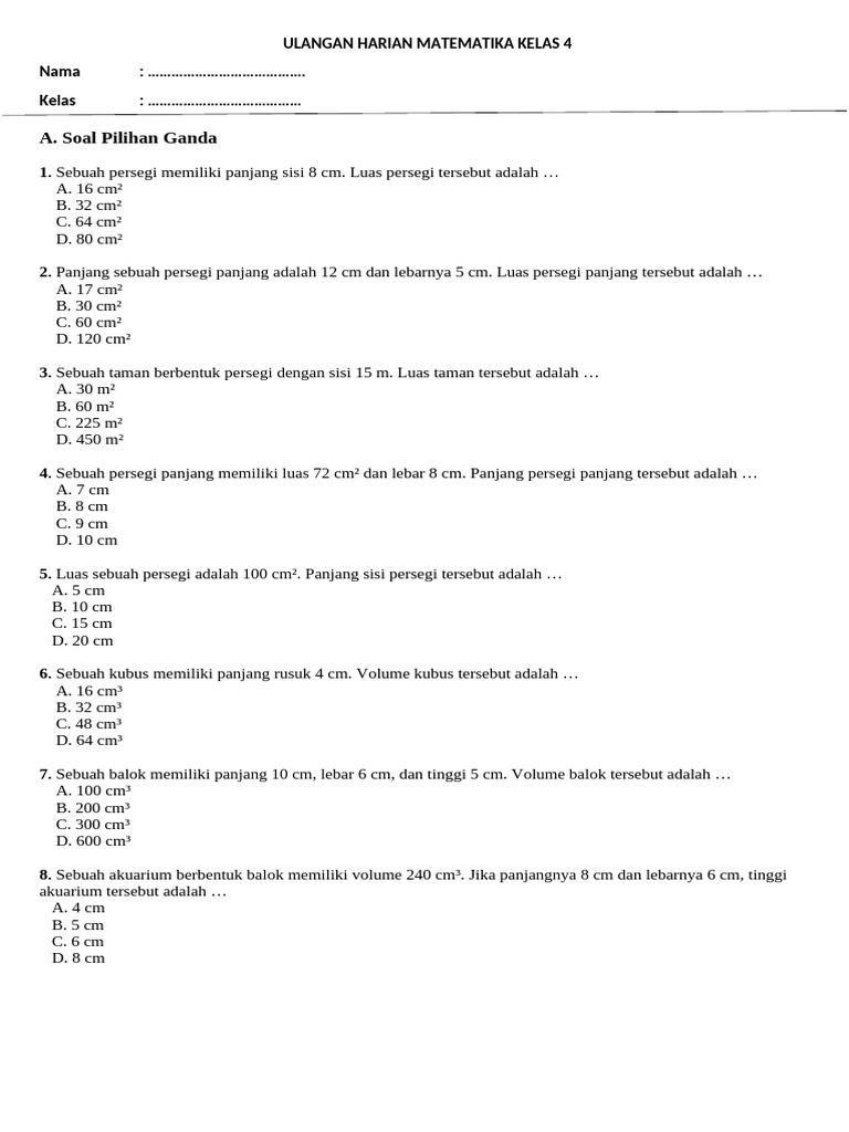 Ulangan Harian Matematika Kelas 4 | PDF