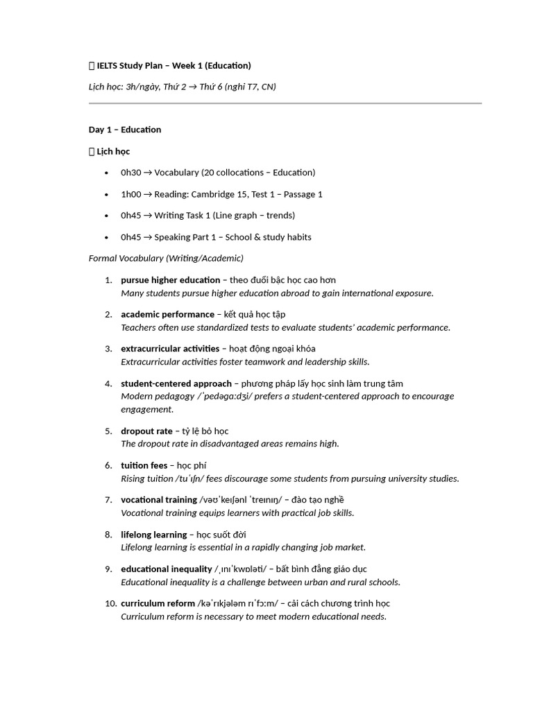 ? IELTS Self-study Plan - Week 1 - Education | PDF | Learning | Cognition
