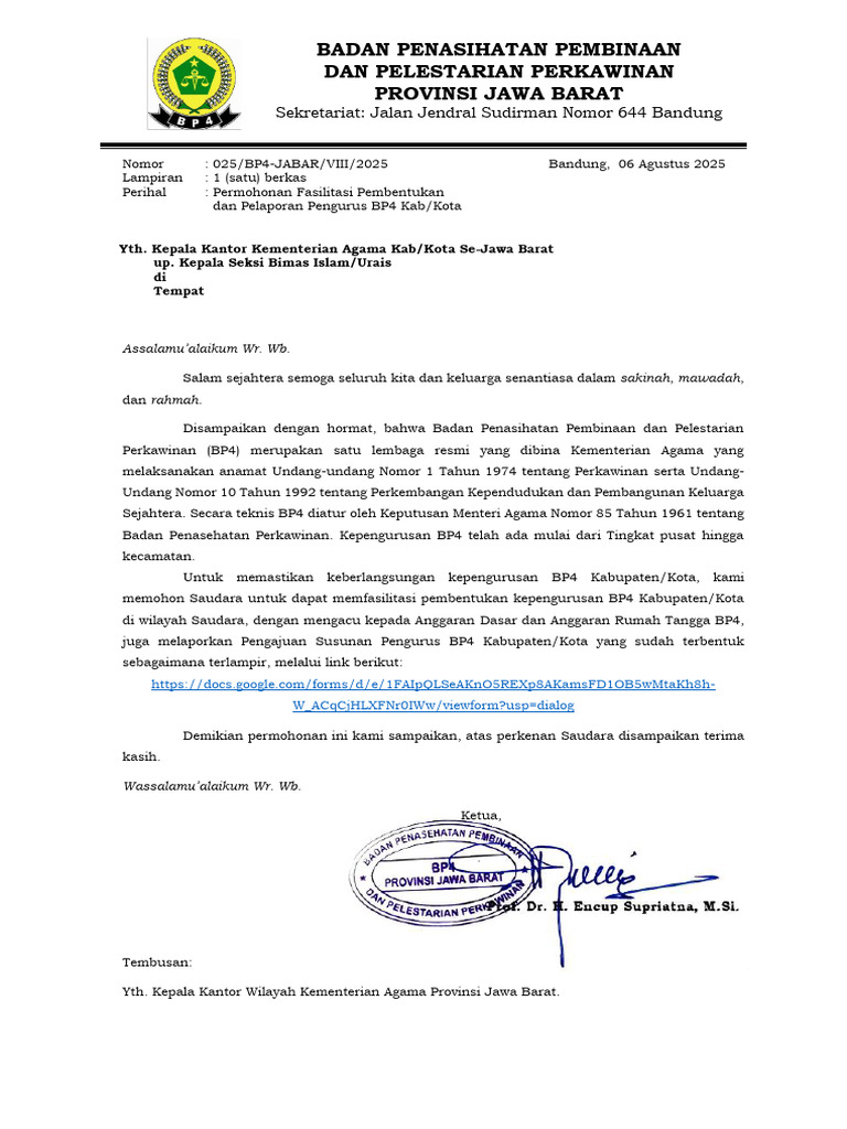 Surat Mohon Fasilitasi Pembentukan Pengurus BP4 Kab Kota | PDF