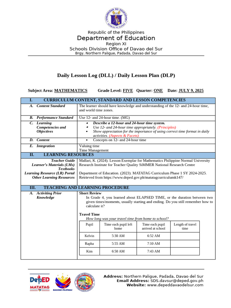 Daily Lesson Plan Math5 Vanessa Watch | PDF | Curriculum | Learning