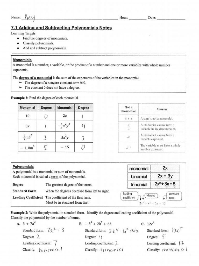 7.1 Adding and Subtracting Polynomials Notes KEY | PDF | Polynomial ...