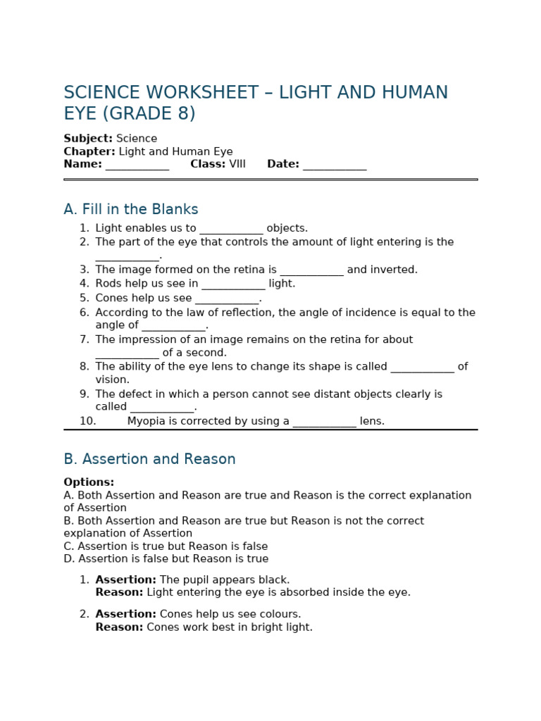 Grade 8 Science Worksheet - Light and Eye | PDF | Eye | Myopia