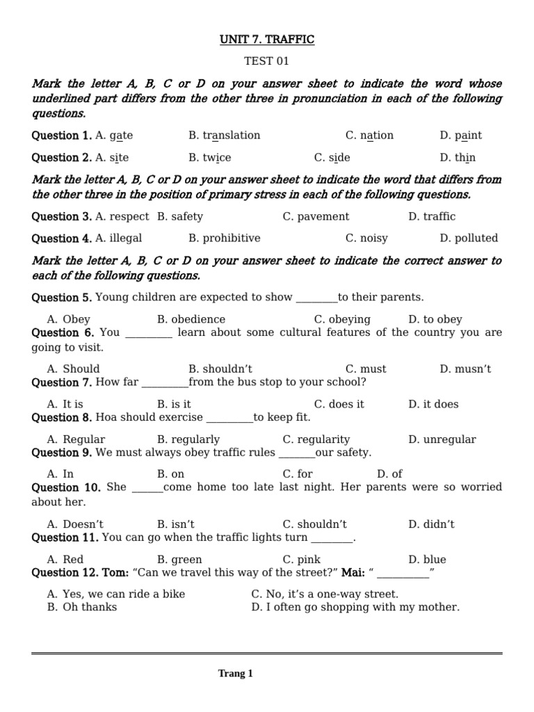UNIT 7 Test Grade 7 | PDF | Traffic | Traffic Congestion