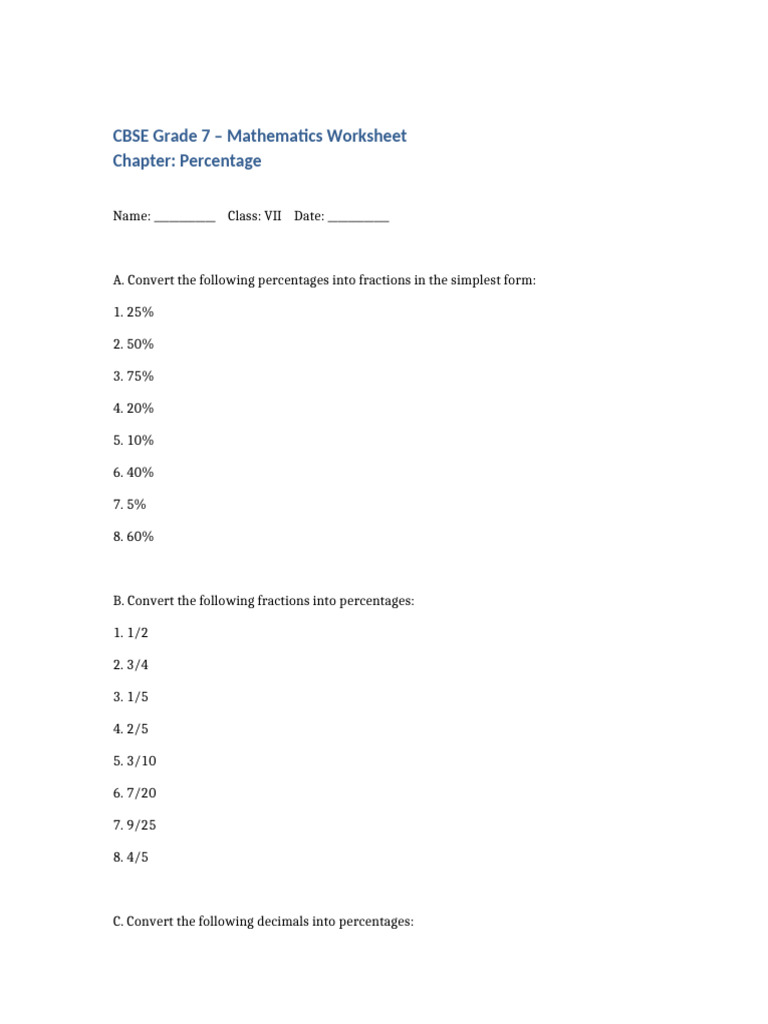Grade 7 Percentage Worksheet | PDF