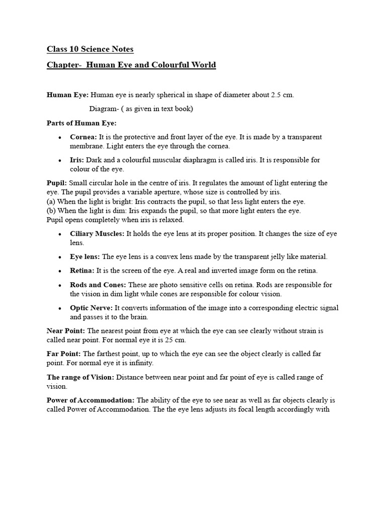 Class 10 Science Notes Chapter - Human Eye and Colourful World | PDF ...