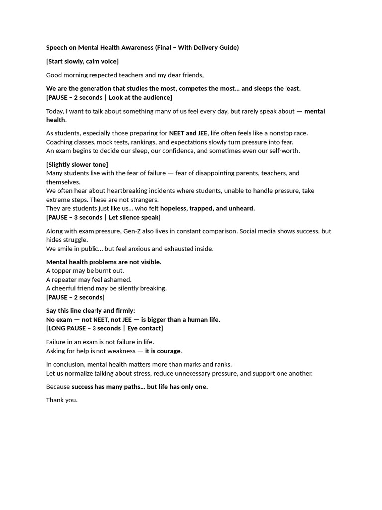 Speech on Mental Health Awareness | PDF