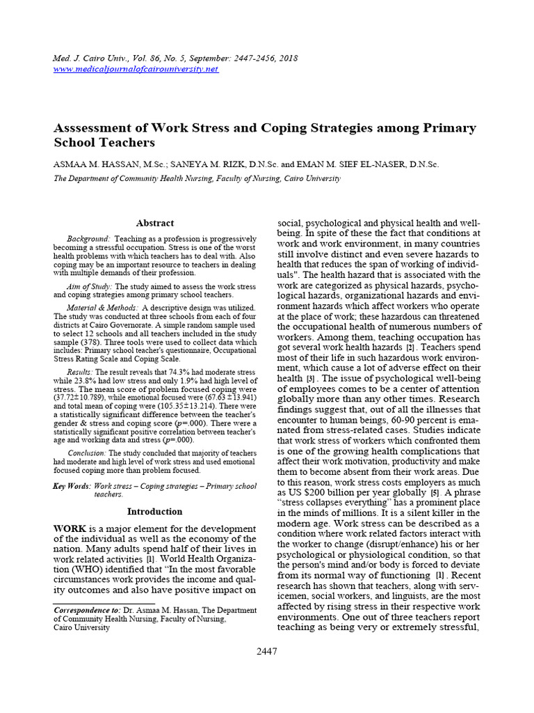 Asssessment of Work Stress and Coping Strategies Among PrimarySchool ...