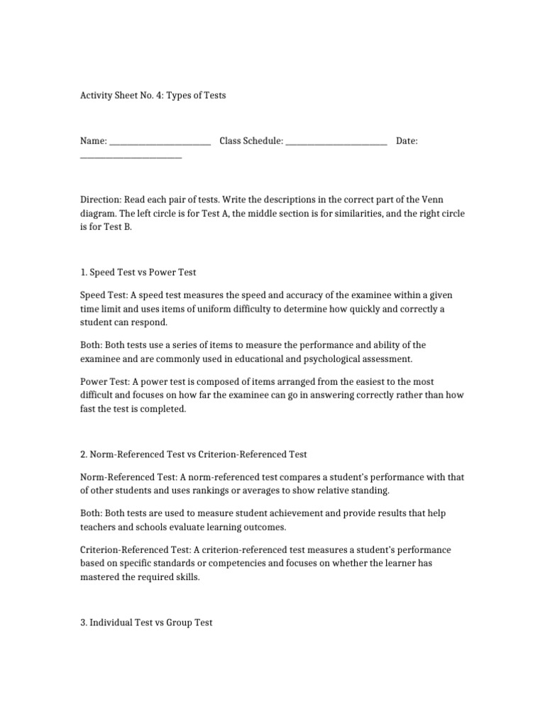 Types of Tests Venn Diagram Worksheet | PDF | Educational Assessment ...
