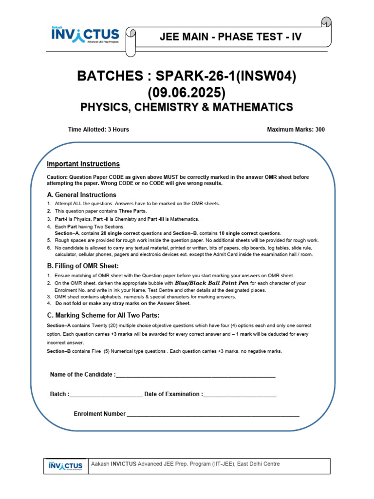 Spark-paper-jee Main - Ph-IV - Question Paper(09.06.25) (1) | PDF ...