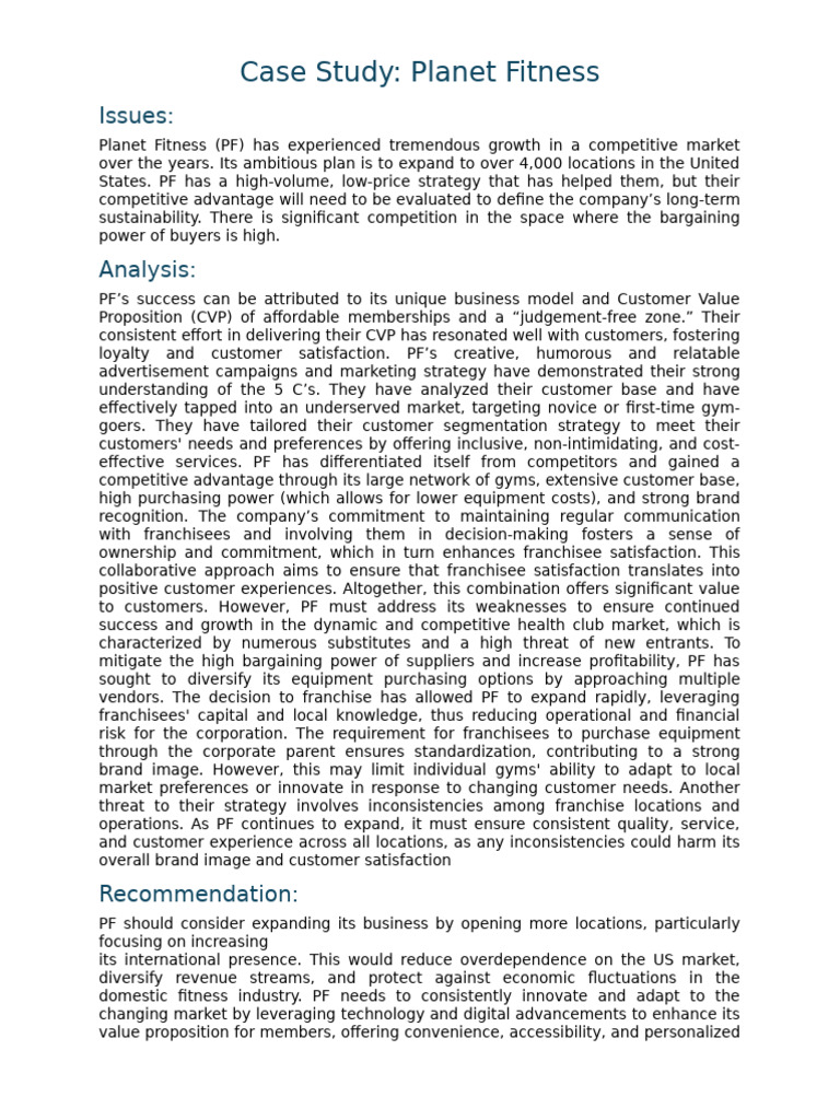 Case Study Planet Fitnes | PDF | Competitive Advantage | Franchising