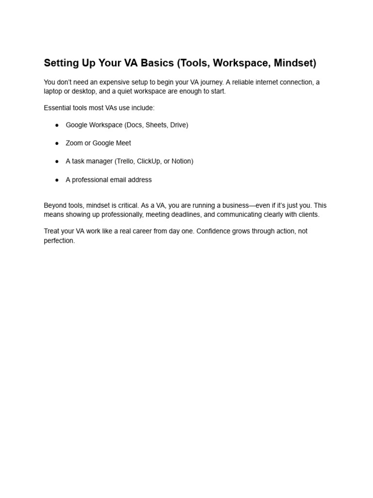 Setting Up Your VA Basics (Tools, Workspace, Mindset) | PDF