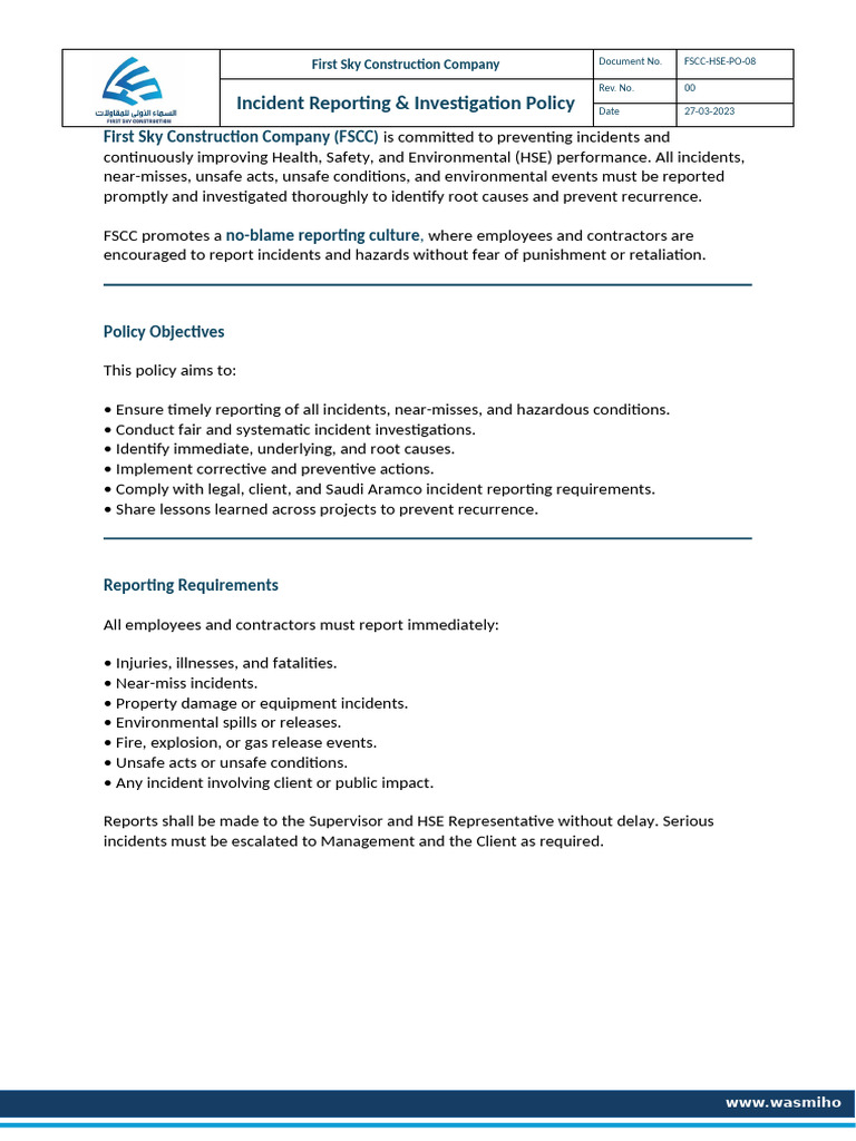 FSCC-HSE-PO-08_Incident Reporting & Investigation Policy | PDF | Safety