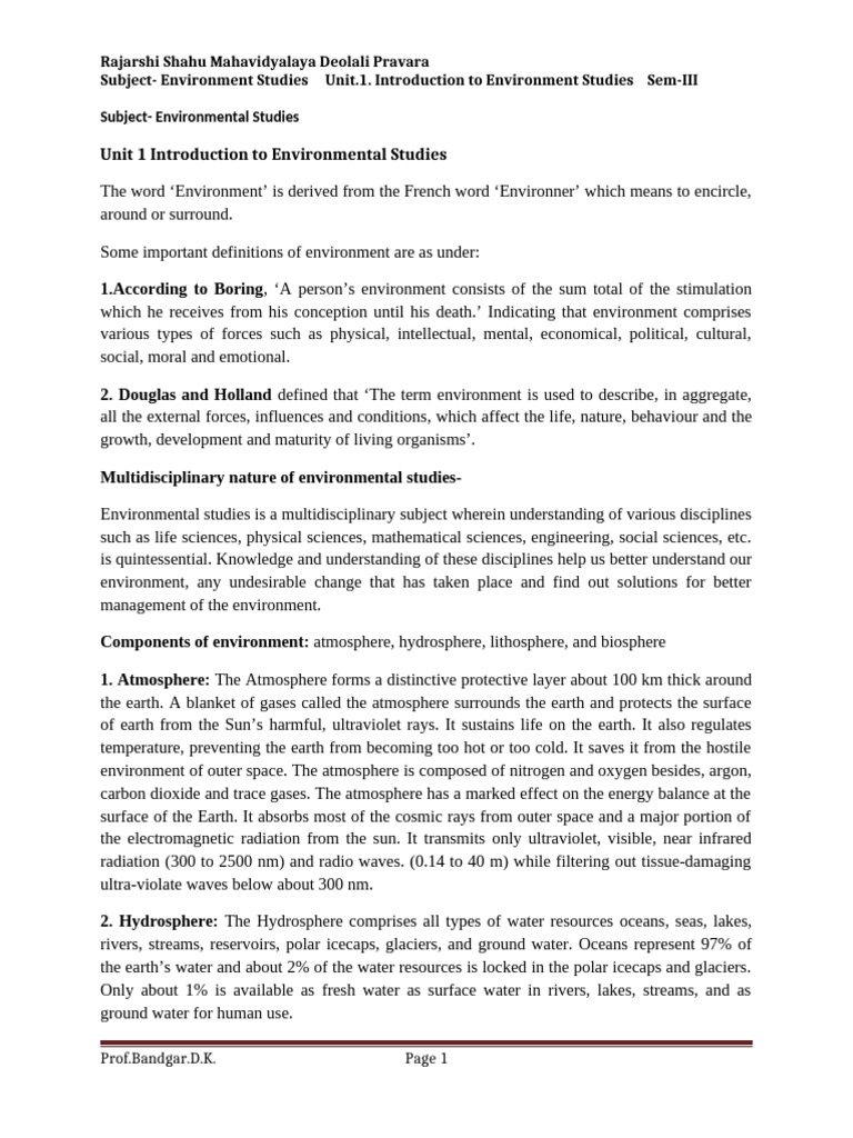 EVS Unit-1 Introduction To Environment Studies | PDF | Natural ...