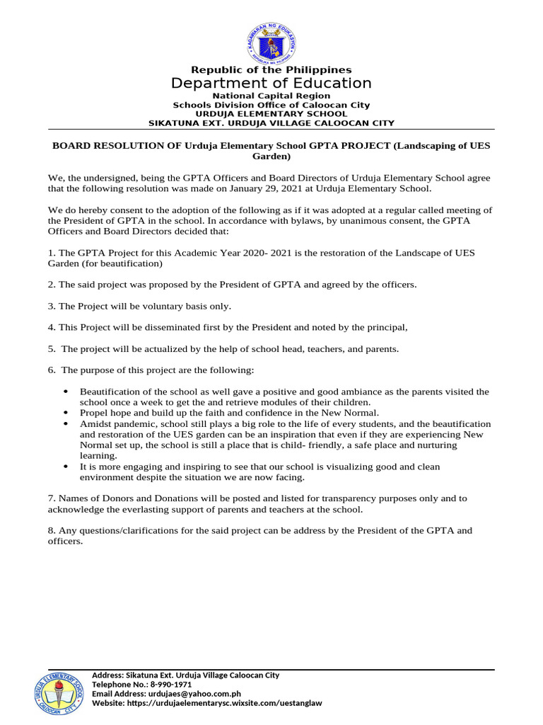 Board Resolution UES GPTA Landscaping Project | PDF | Chess | Chess ...