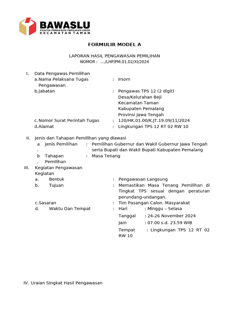 Form A Pengawasan Pilkada 2024 - (Masa Tenang) Irsom | PDF