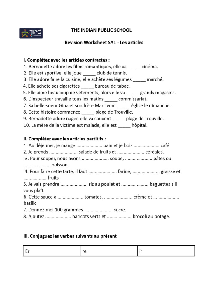 Grade 7 Worksheet 1 - Articles | PDF