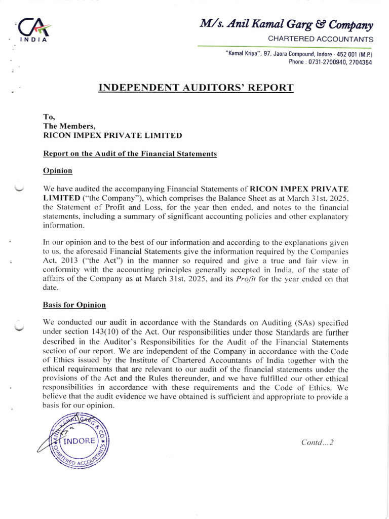 Ricon Signed Bs - 2024-25 | PDF | Going Concern | Audit