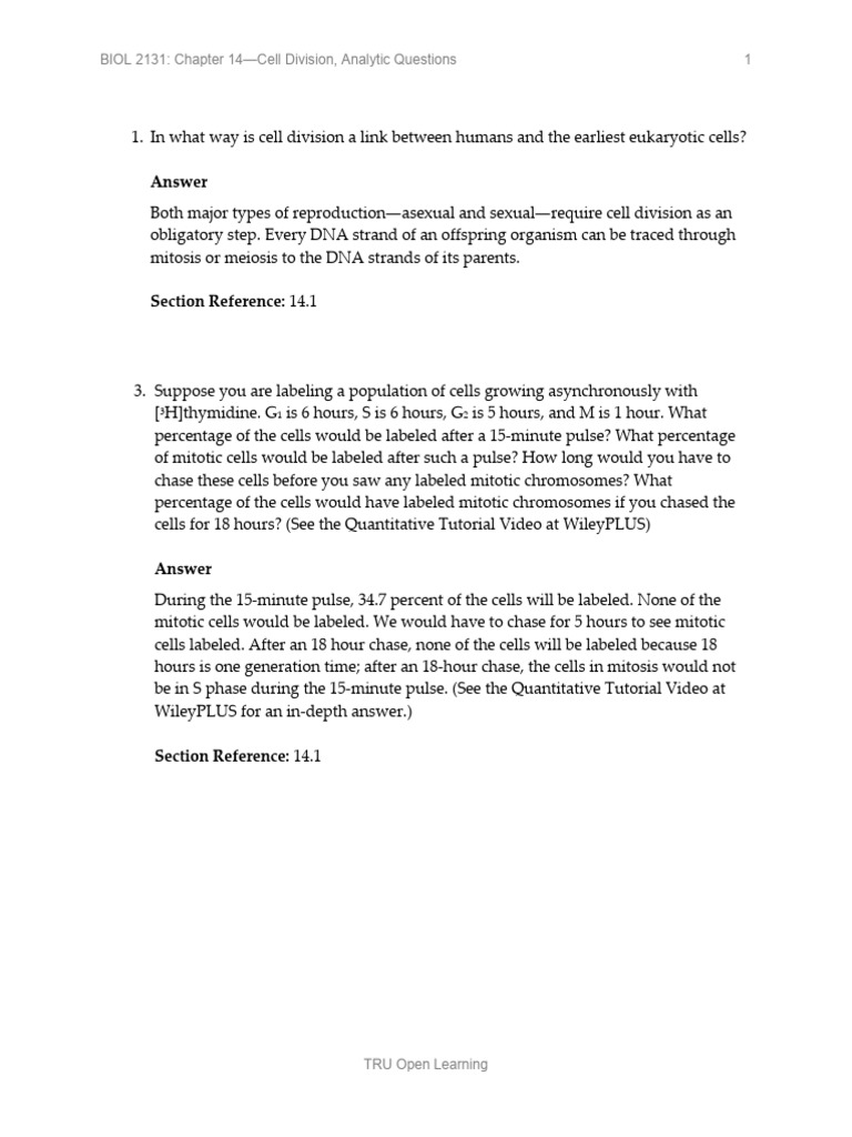 BIOL 2131 AQ Answers Ch14 | PDF | Mitosis | Cell Cycle