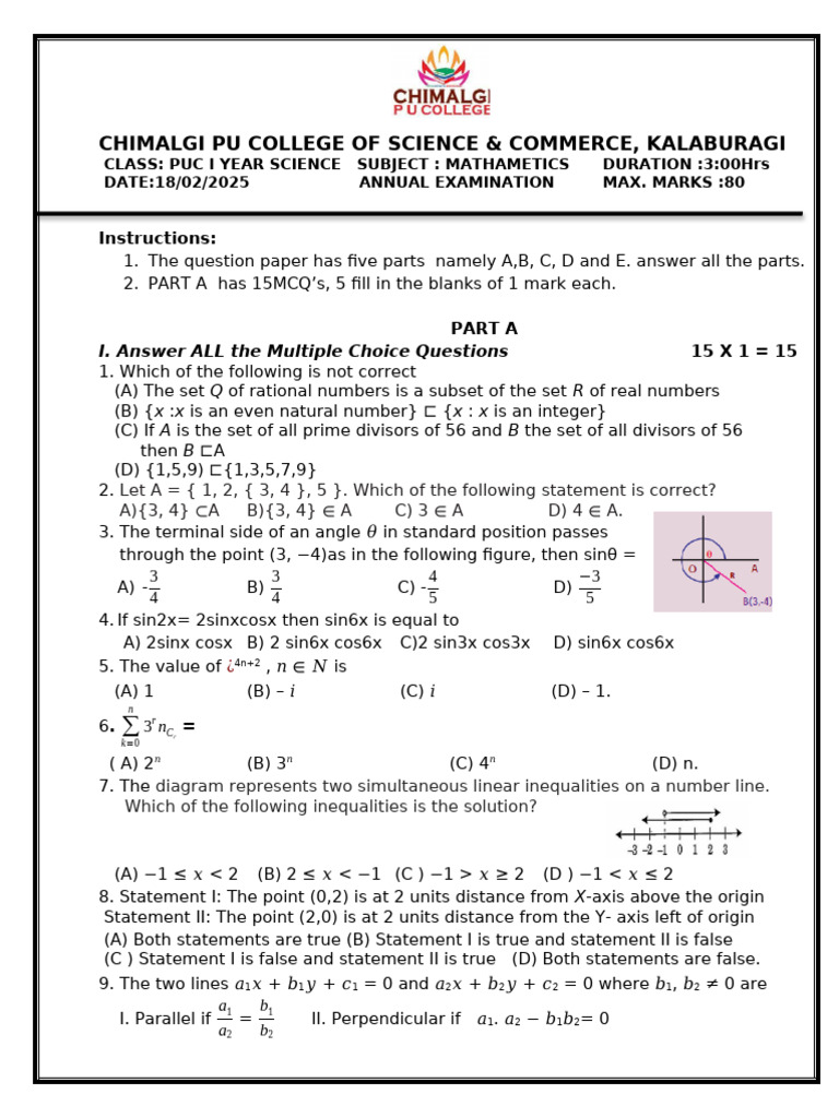 Puc I Year Annyal Examination Mathemetics 2025 | PDF | Mathematical ...