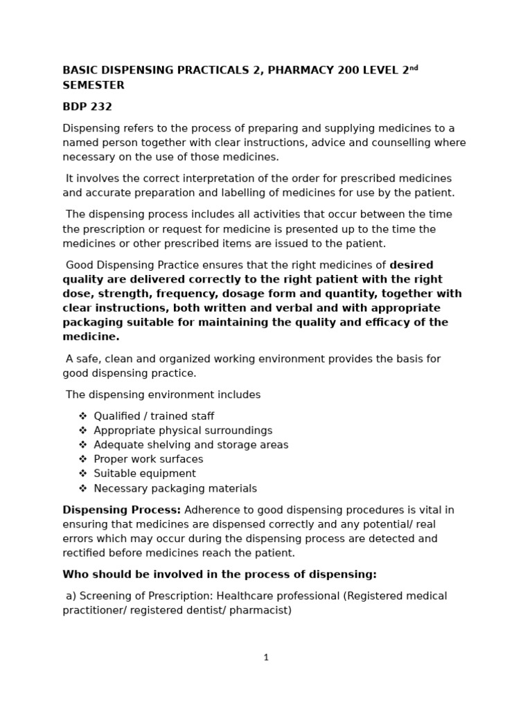 BDP 232 Basic Dispensing Practicals 2 | PDF | Medical Prescription ...