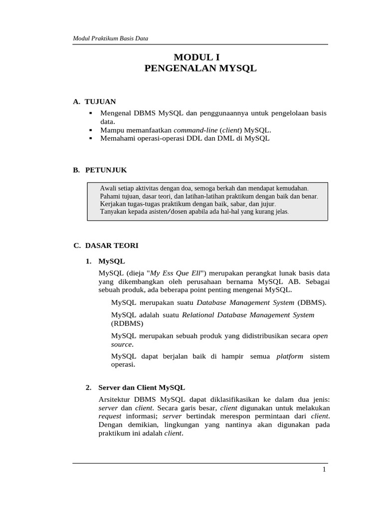 Basis Data Modul 1 Pengenalan MySQL | PDF