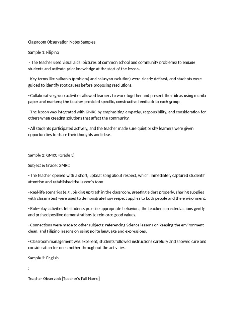 Classroon Observtion Notes | PDF | Teachers | Learning
