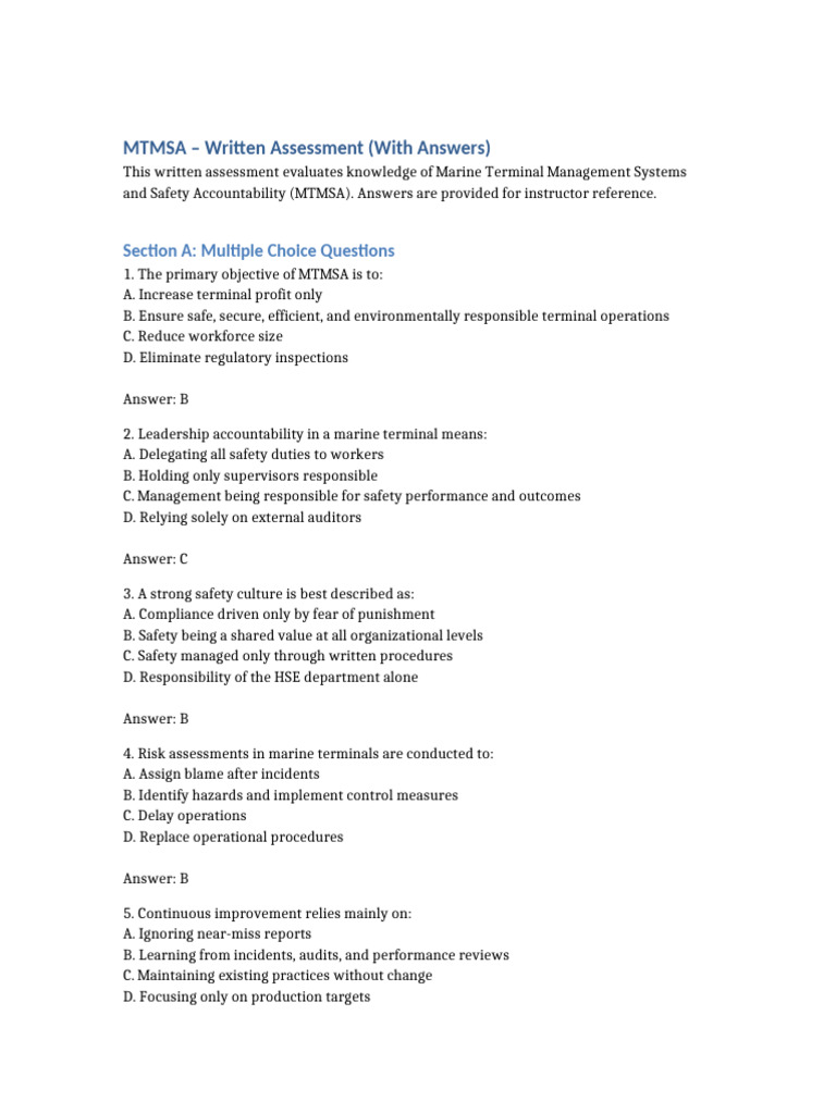 MTMSA Written Assessment With Answers | PDF | Safety | Risk