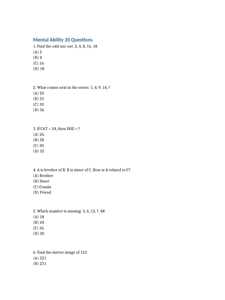 Mental Ability 20 Questions | PDF