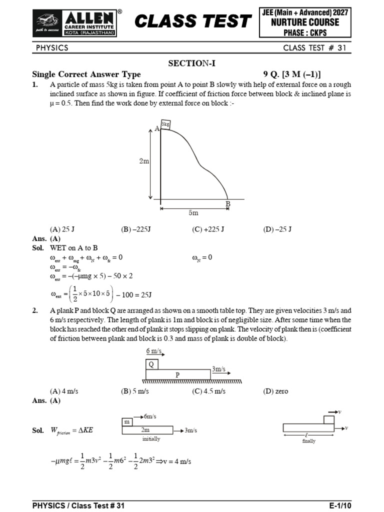 31 - Class Test (CKPS) - With Solution | PDF | Force | Friction