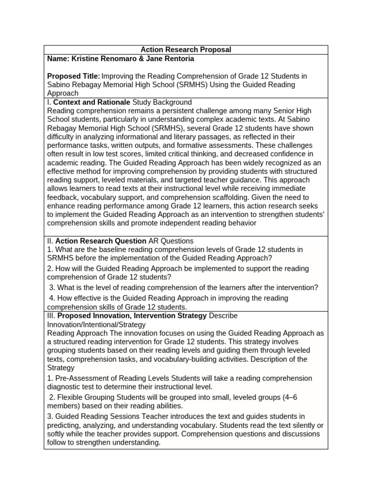Action Research Proposal | PDF | Reading Comprehension | Cognition