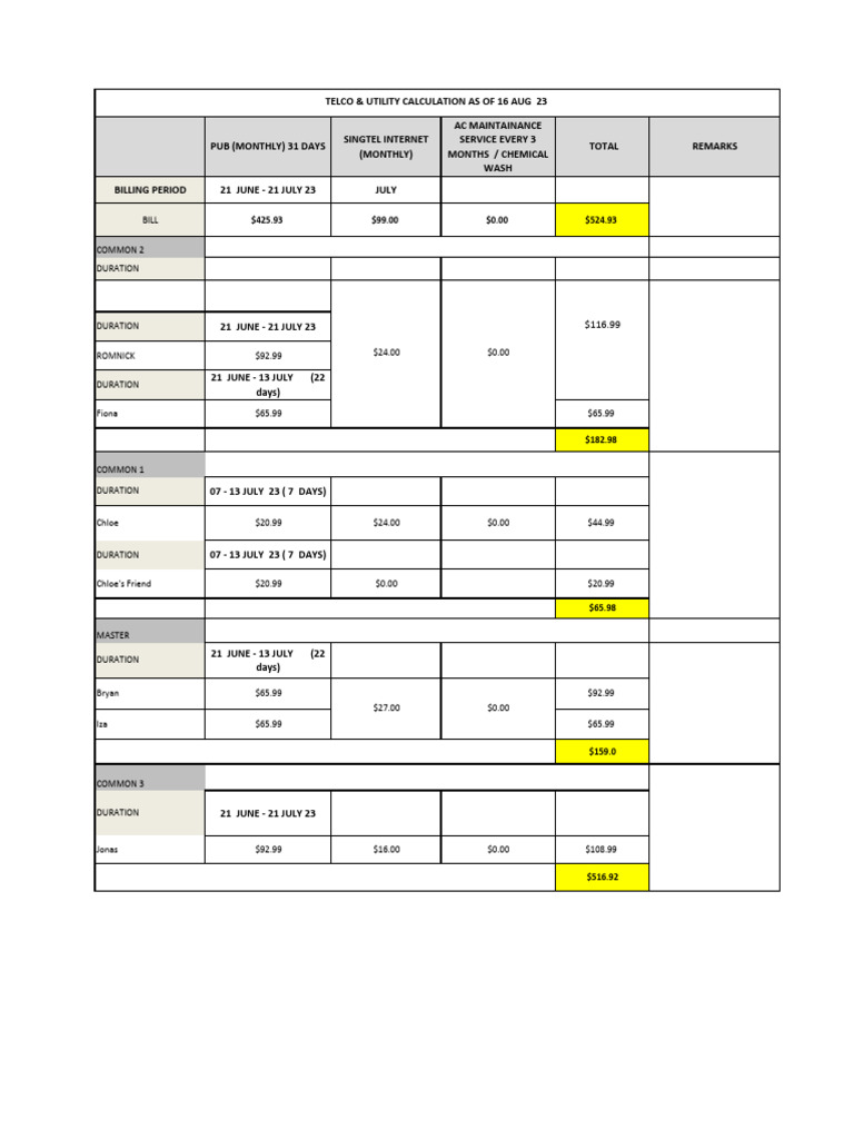 Bill Calculation 160823 | PDF