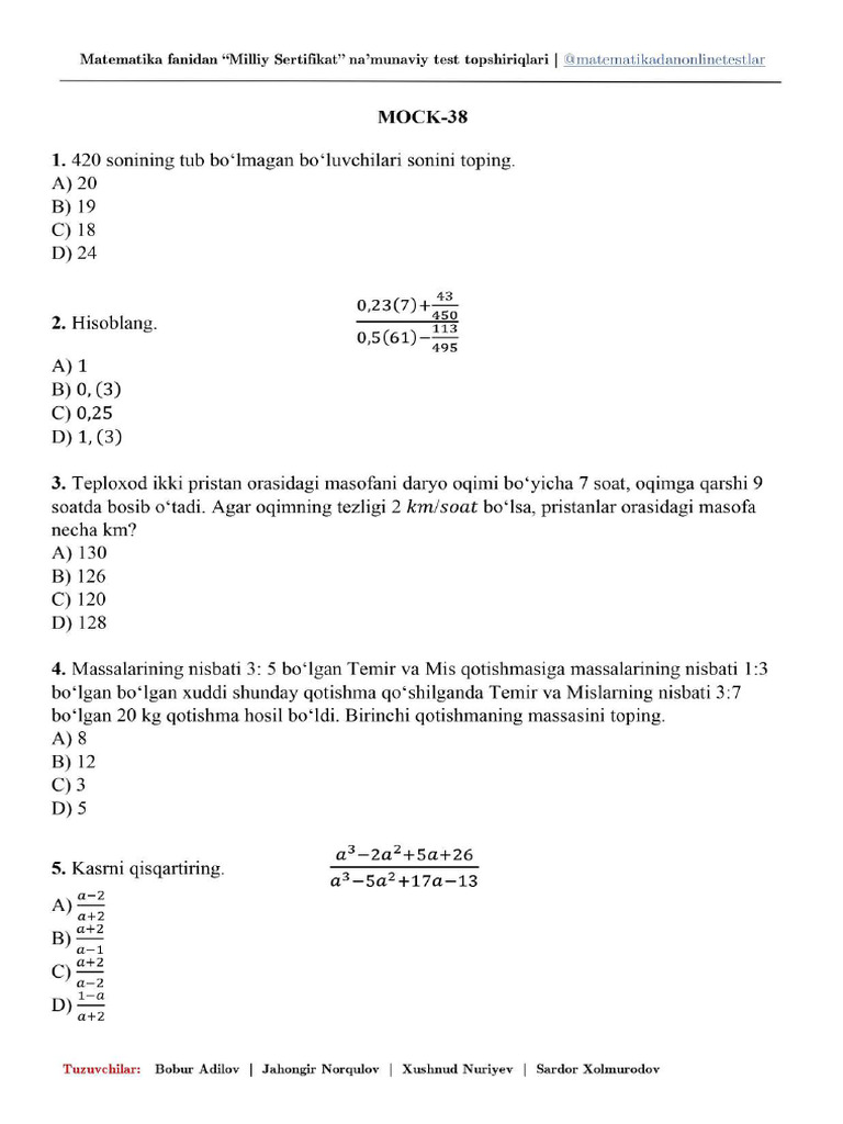 38-MOCK TEST (Matematikadanonlinetestlar) | PDF