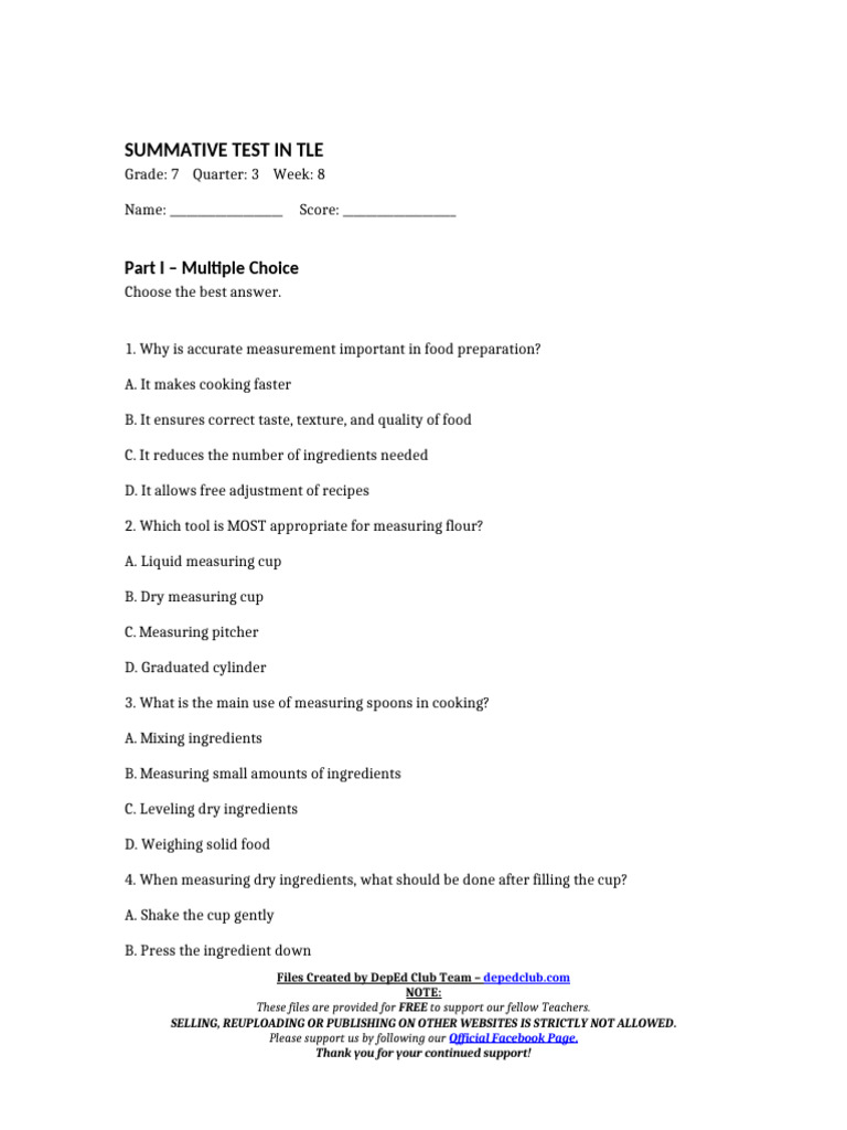 Summ_test Tle 7 q3 w8 | PDF | Teaspoon | Tablespoon