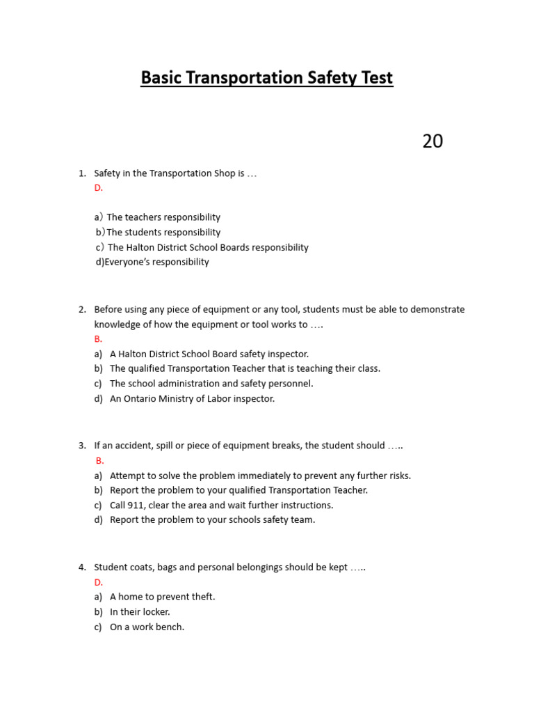 Basic Transportation Safety Test | PDF | Personal Protective Equipment ...