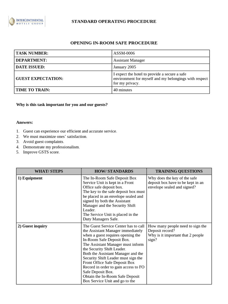SOP Opening In-Room Safe Procedure | PDF