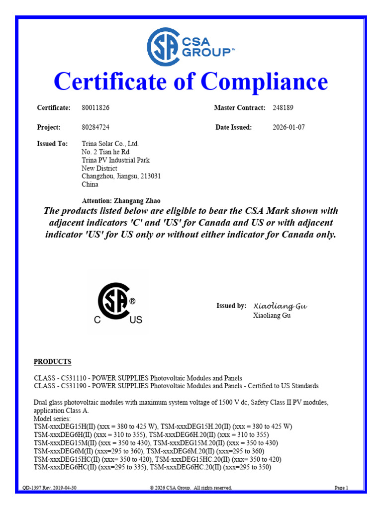 Trina UL-CSA61730 - CoComp - CSA - 20260107 | PDF | Photovoltaics ...