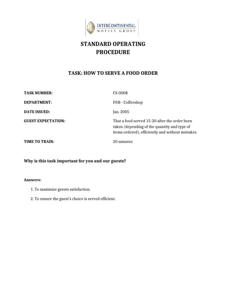 SOP How To Serve A Food Order | PDF