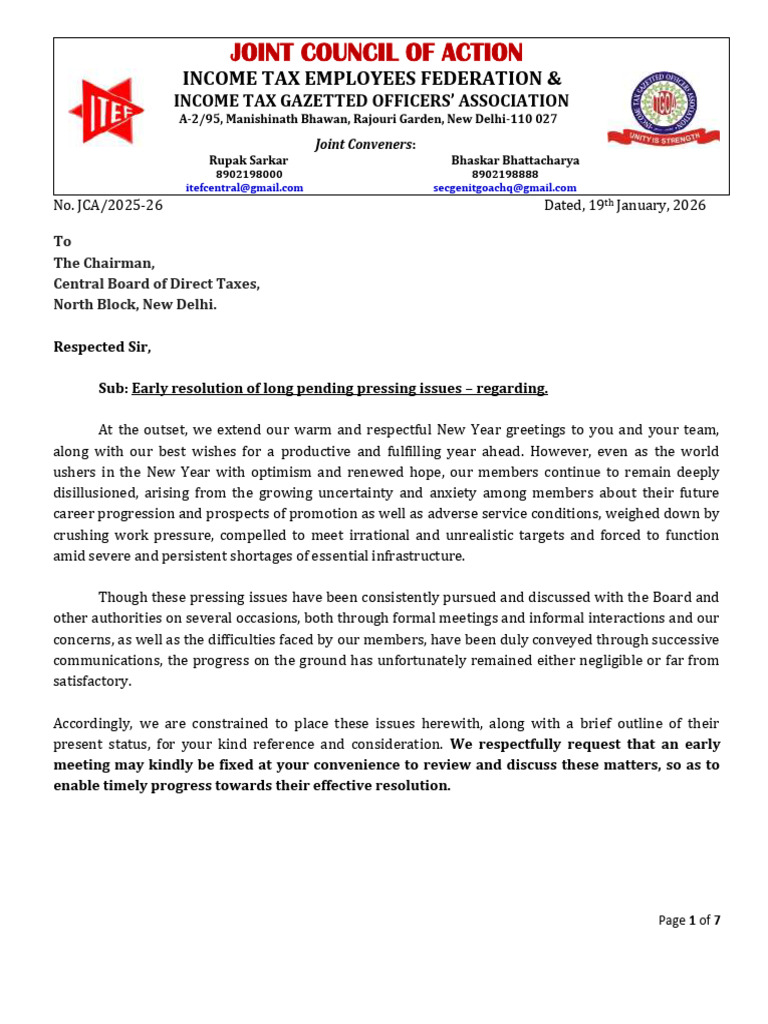 JCA Ltr. To Chairman, CBDT On Pending Issues | PDF