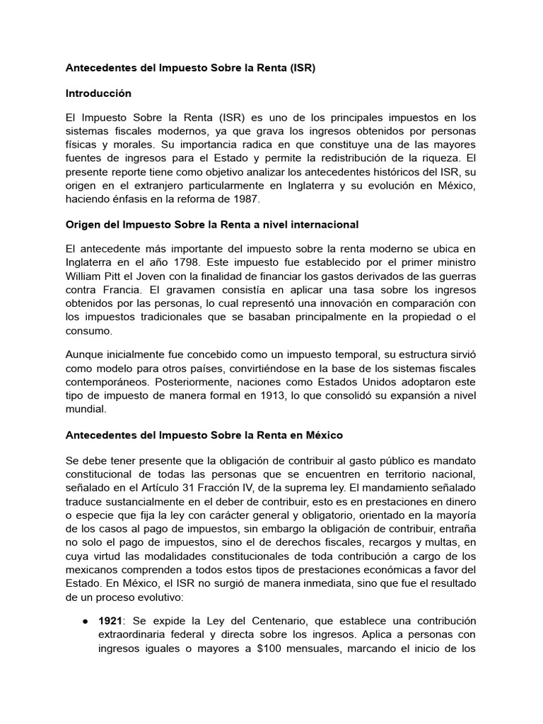 Antecedentes Del Impuesto Sobre La Renta (ISR) | PDF | Impuesto sobre ...
