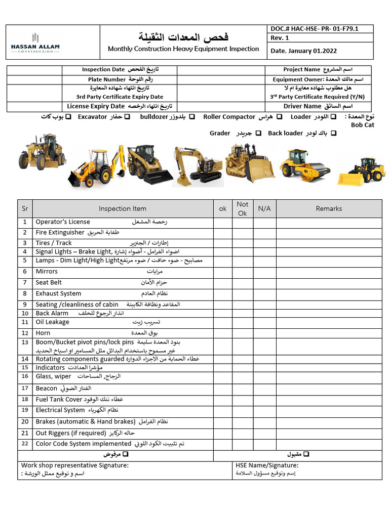 79.1 Monthly Construction Heavy Equipment Inspection | PDF