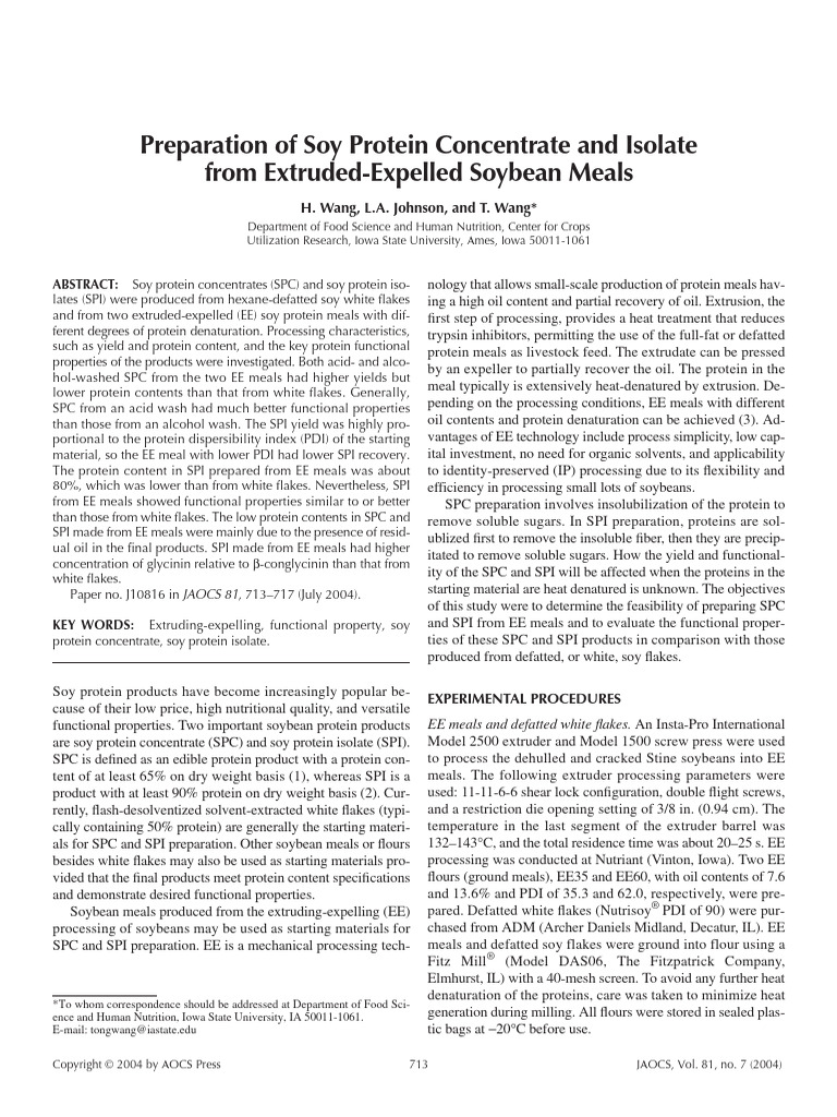 Preparation of Soy Protein Concentrate and Isolate From Extruded ...