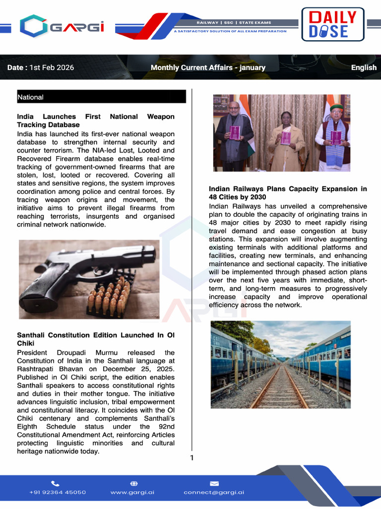 Monthly Current Affairs - January - English - 1st Feb 2026 | PDF