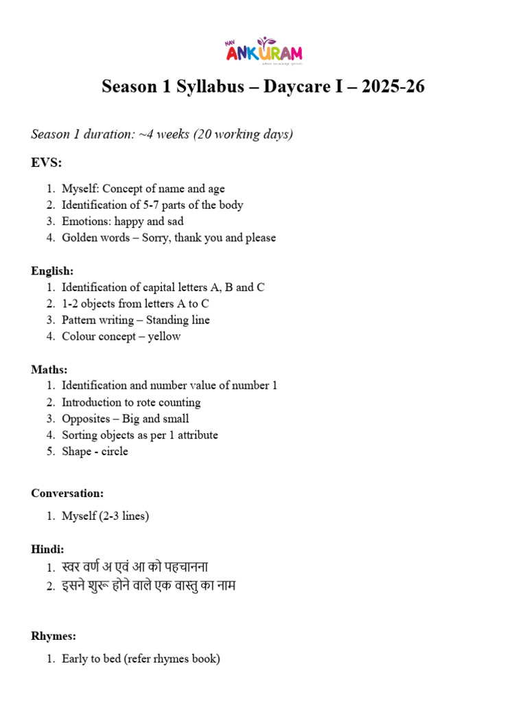Season 1 Syllabus - Daycare I - 2025-26 | PDF