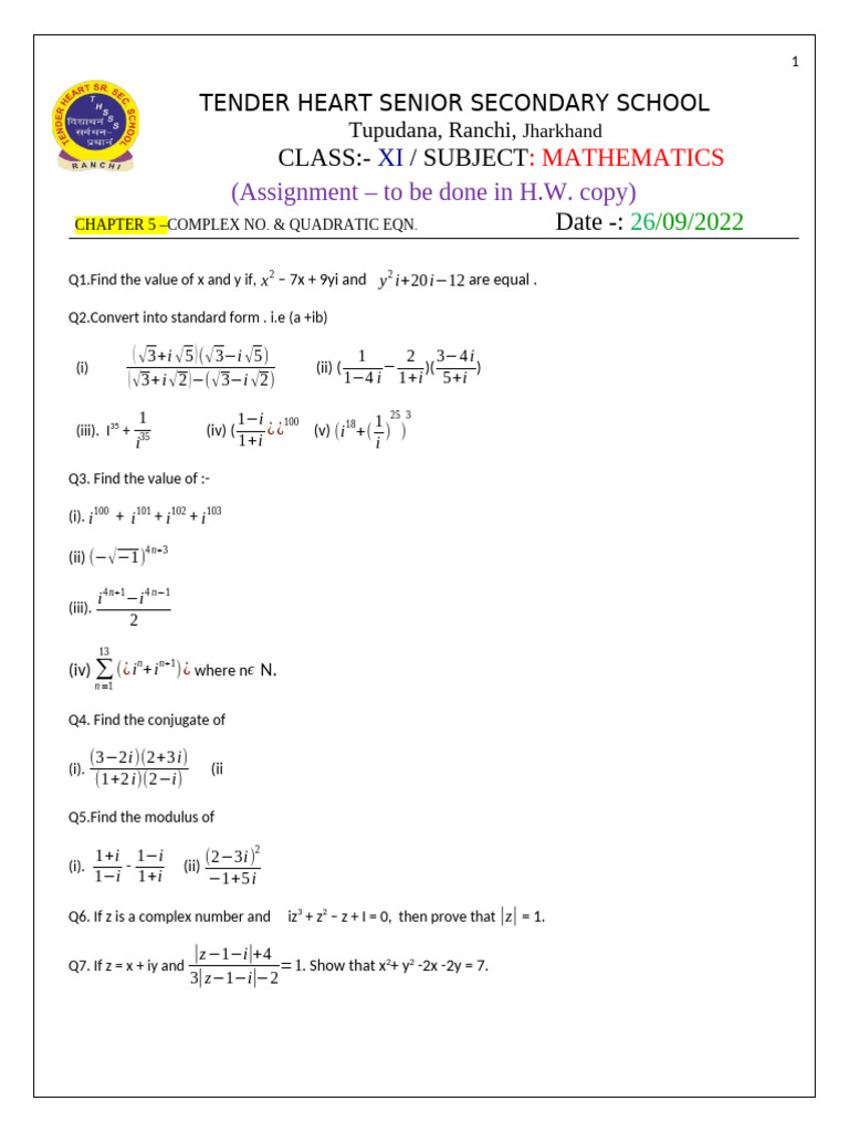 11math Assign.-5-Complex No. & Quadratic Eqn. | PDF | Number Theory ...