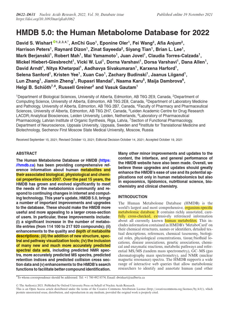 HMDB 5.0- The Human Metabolome Database for 2022 | PDF | Metabolomics ...