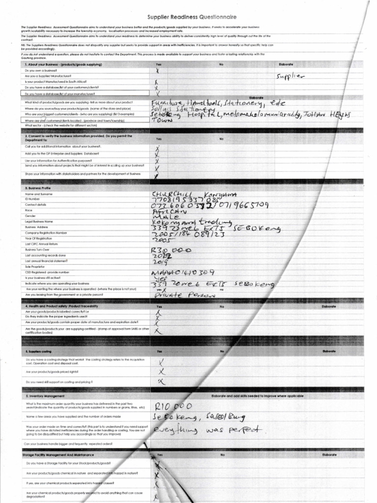 Supplier Readiness Assessment Questionnaire - Kokonyana Trading | PDF