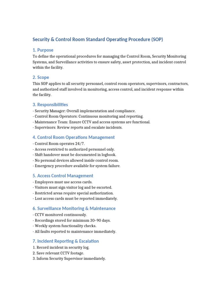Security Control Room SOP | PDF